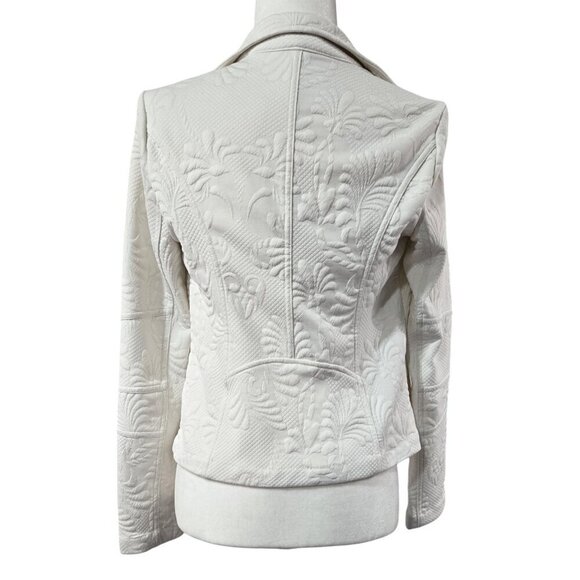 Express Ivory Cream Floral Embossed Moto Zip Cropped Jacket Unique Preppy - Picture 2 of 9